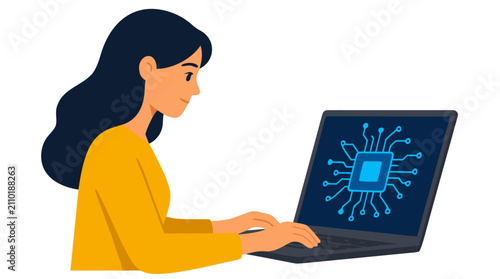 Flat vector illustration of a young woman working on a laptop computer displaying a glowing blue microchip circuit board icon, symbolizing software development, artificial intelligence, and
