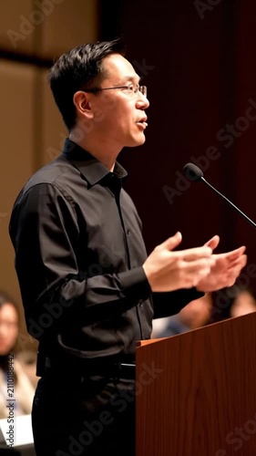Man speaking at podium in conference, professional presentation event.