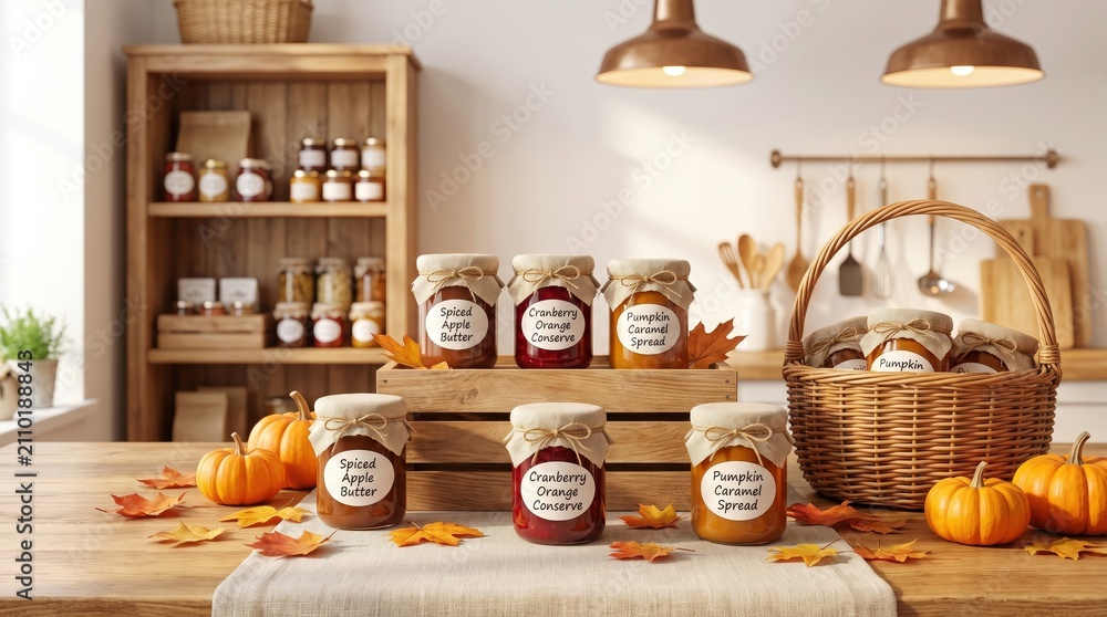 Obraz premium Seasonal gift baskets and homemade preserves displayed in a specialty shop, thoughtful holiday gifting, artisan food, small business retail.