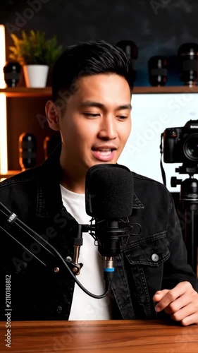 Man speaking into microphone, recording podcast in home studio