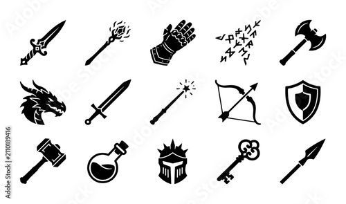 Foto Fantasy RPG game icons set, 15 black medieval weapon and magic symbols, tabletop