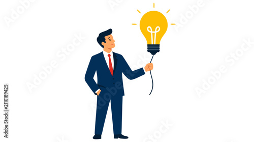 Vector illustration of a professional businessman in a suit holding a glowing yellow lightbulb shaped balloon, symbolizing creative business ideas, innovation, success, and strategic thinking on white