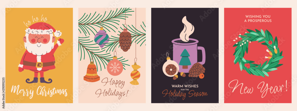 Fototapeta premium Set of festive posters or cards for Merry Christmas and Happy New Year. Vertical flat illustrations. Christmas baubles, wreath, mug, pine cone, and Santa Claus. Vector templates for holiday designs.