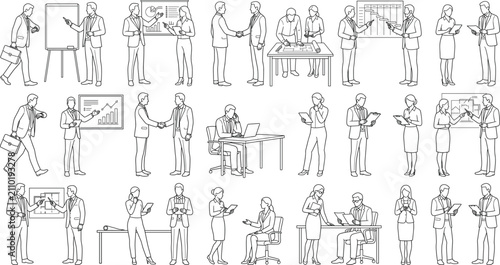 Business People Line Art Collection with Office Meeting Presentation and Teamwork Outline Characters