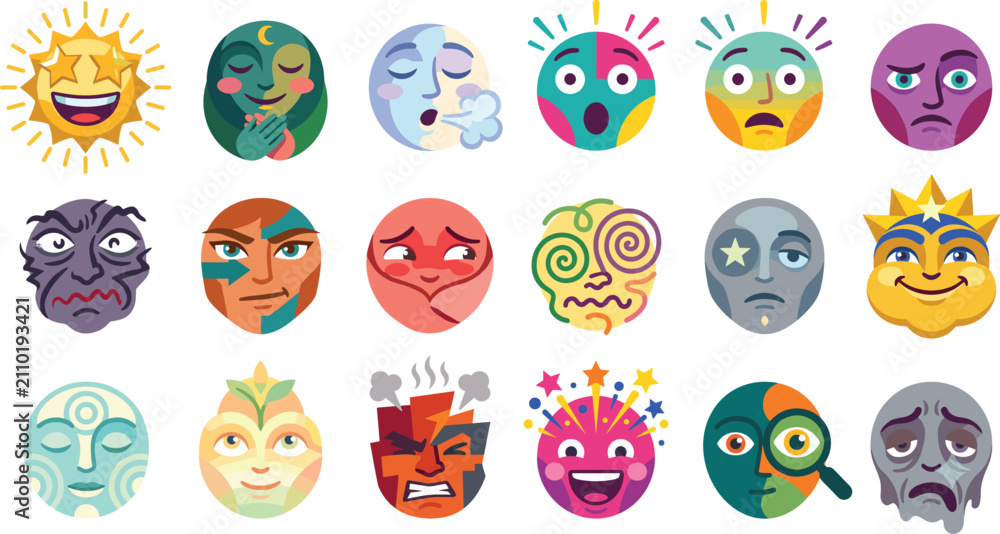 Fototapeta premium Emotion Face Icon Collection with Human Expressions Mood Psychology and Feelings Vector Set