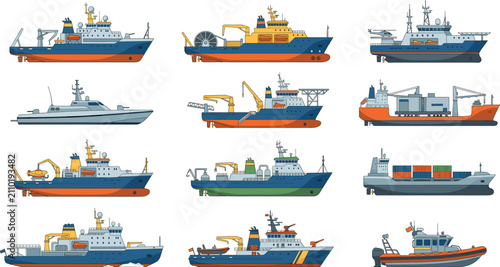 Marine Vessel Collection Vector Set with Cargo Research Patrol and Offshore Ships