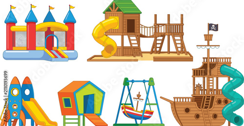 Kids Playground Equipment Vector Clipart Set with Inflatable Bouncy Castle, Wooden Jungle Gym, Rocket Ship Slide, and Pirate Boat Swing Attraction Elements