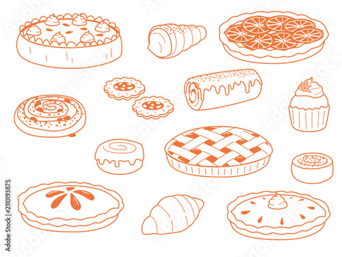 Outline set of delicious autumn bakery products. Various pastries featuring pumpkin pie, cinnamon roll, cupcakes, and cookies. Homemade cakes. 