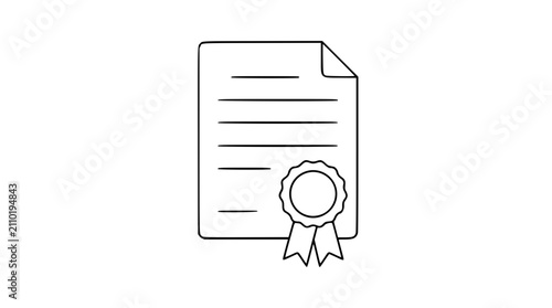 Certified document vector icon with seal badge and ribbon - hand-drawn minimalist outline illustration for certification, approval, and professional achievement in scalable line art