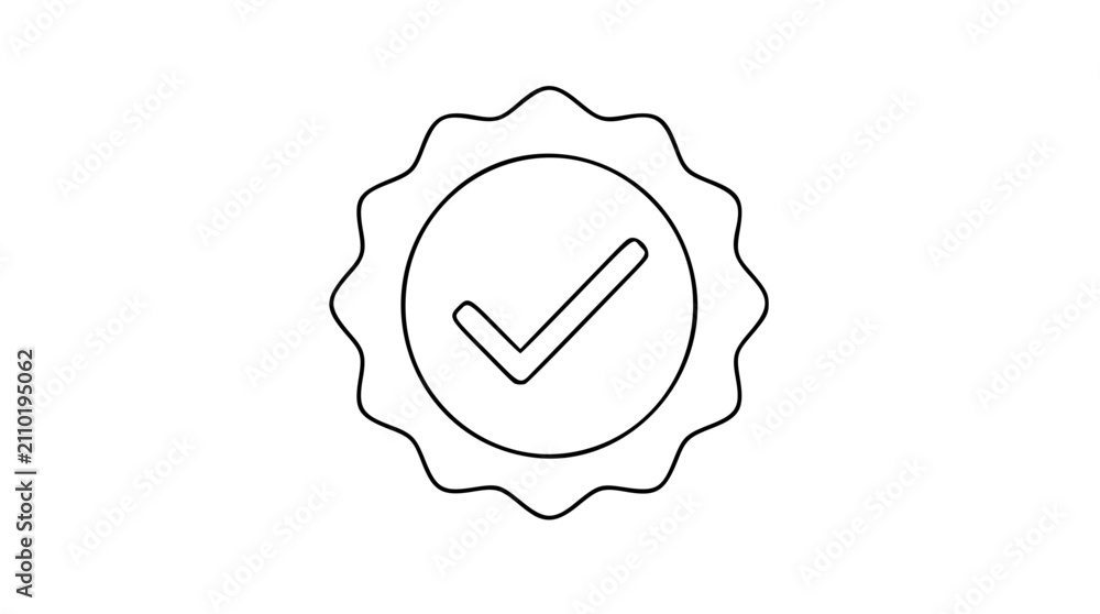 Naklejka premium Checkmark Badge Vector Icon - Minimalist Line Art Illustration with Decorative Circular Frame and Check Mark Symbol for Approval, Verification, and Quality Assurance Design