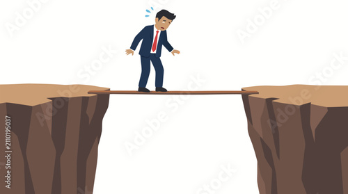 Anxious businessman on wooden plank spanning canyon, arms outstretched in fear, metaphor for business risk, uncertainty, danger and overcoming adversity in high-pressure critical situations