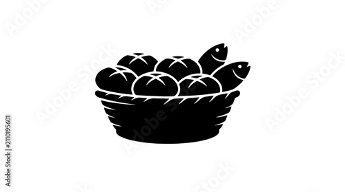 Basket with five round bread loaves and two fish silhouette. Biblical miracle vector illustration. Isolated on white background