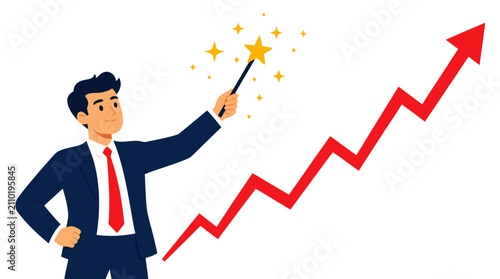 Confident Professional Trader Waving Magic Wand Conjuring Soaring Red Stock Chart Arrow - Financial Success, Investment Growth, Market Prosperity, and Bullish Upward Trend with Golden Sparkles