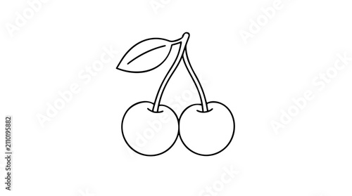 Twin cherries with leaf - hand-drawn vector illustration icon in clean minimalist line art style for fresh fruit, healthy food, summer produce, culinary graphics and cooking themed design elements