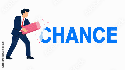 Businessman wielding a large pink eraser, dynamically erasing the C from bold blue CHANCE word, symbolizing business transformation, innovation, strategic decision-making, and seizing new