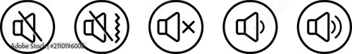Foto Speaker volume control icons set for media player, circular outline sound mute,