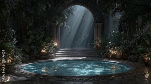 Serene illuminated oasis with a luxurious pool architecture and tropical plants