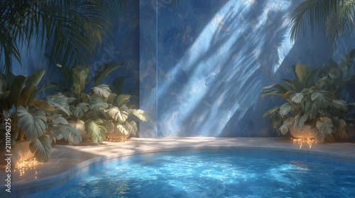Serene indoor swimming pool with natural sunlight and tropical plants creating a relaxing oasis