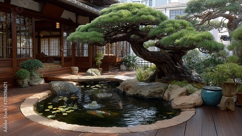 Serene Japanese Garden with Tranquil Pond and Elegant Bonsai Tree landscape design