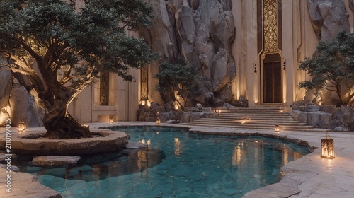 Serene Landscape: Tranquil Pool Reflecting Ancient Architecture and Natural Beauty