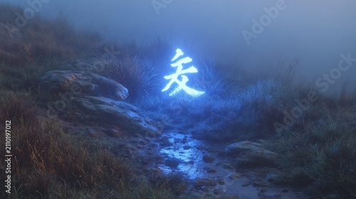 Serene Landscape with Glowing Symbol: Mystical Tranquility and Enigmatic Aura in Nature