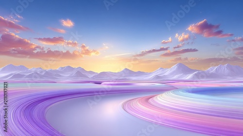 Serene landscape with pastel hues and snowy mountains under a calming sky atmosphere
