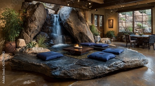 Serene Living Space: Indoor Waterfall and Fire Pit for Ultimate Relaxation and Calmness