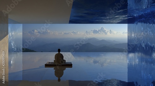 Serene meditation retreat with mountain view, calm and reflective atmosphere for inner peace