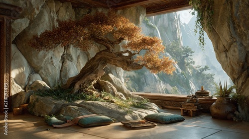 Serene meditation space with bonsai tree overlooking majestic mountain views enhancing tranquility
