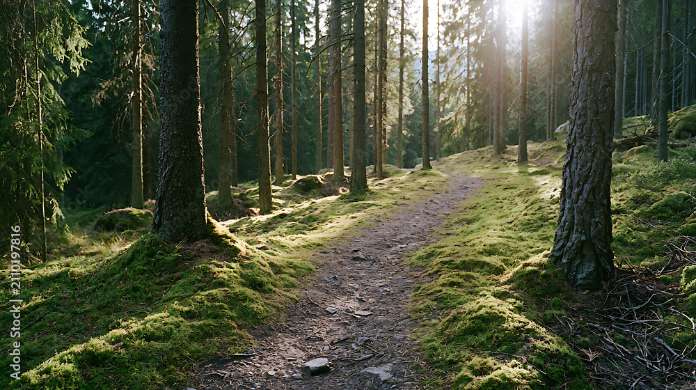 Obraz premium Sunlit Forest Path Through Lush Green Moss and Tall Pine Trees, Featuring a Serene Hiking Trail with Natural Golden Light and Shadows on the Ground