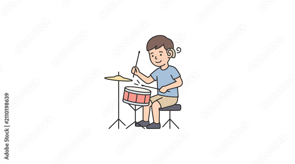 Fototapeta premium Boy Playing Drums Cartoon Style