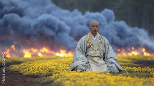 Serene monk meditating amidst chaos, embracing mindfulness in face of adversity