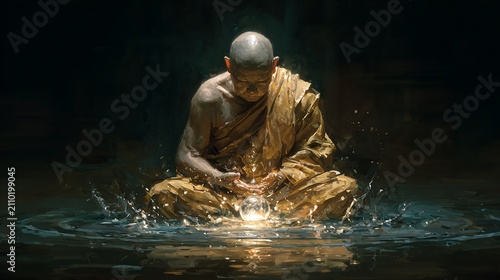 Serene Monk Meditating with a Glowing Orb in Water, Radiating Peace and Spirituality