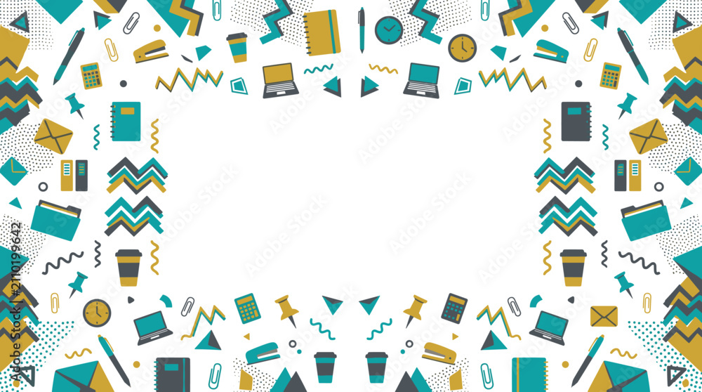 Fototapeta premium Modern office workplace background frame with stationery and laptop digital elements art.