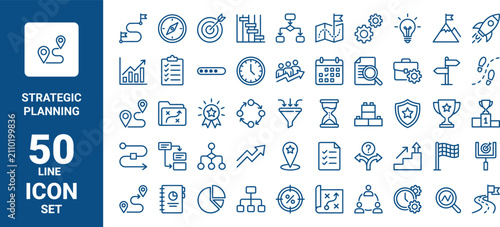 Set of 50 strategic planning line icons, collection of business management and development symbols, vector illustration