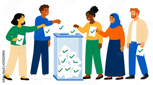 Diverse group of people casting votes in a transparent ballot box, vector illustration of multicultural citizens participating in a democratic election, flat design style with bold colors and