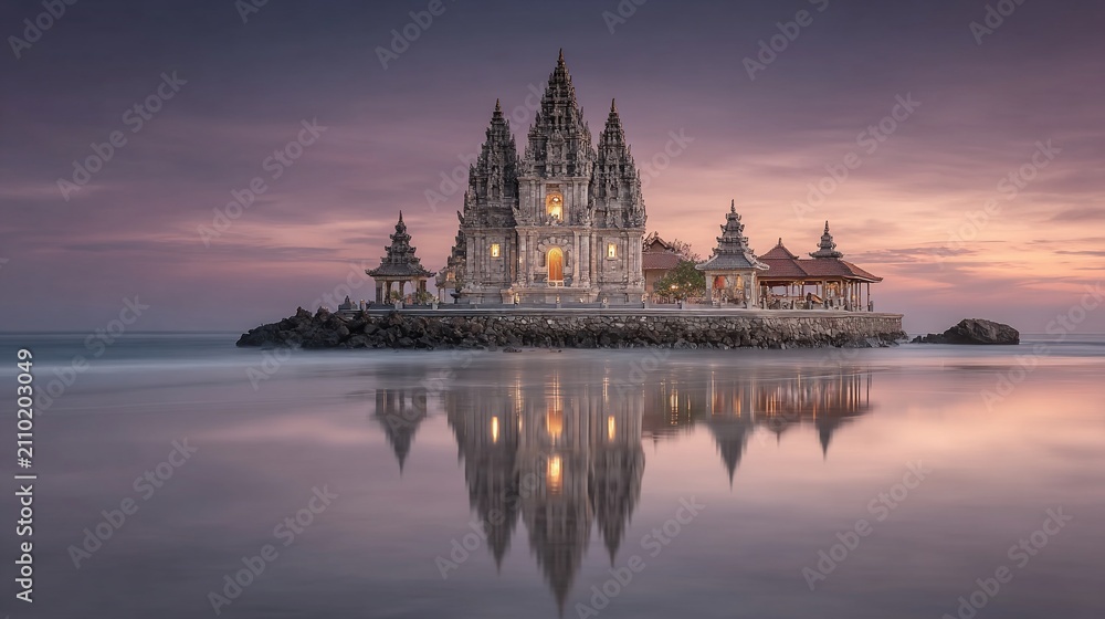 Naklejka premium Serene Prambanan Temple Reflection at Sunrise: A Cultural Landmark in Indonesia