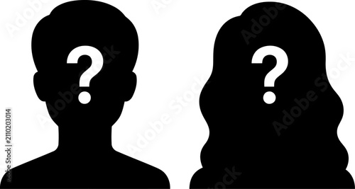 Quadro su tela Silhouette of male and female with question marks on faces isolated on white bac