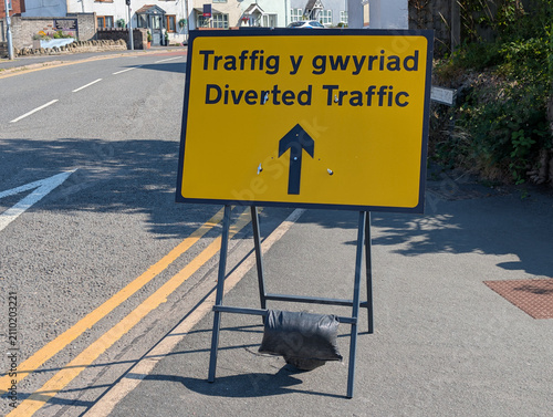 Bilingual English and Welsh Diverted Traffic Road Sign on a UK Street