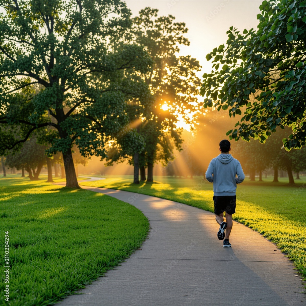 Obraz premium Man jogs on park path with trees during sunrise. Warm sun filters through leaves, casting light rays. Person pursues healthy outdoor activity.