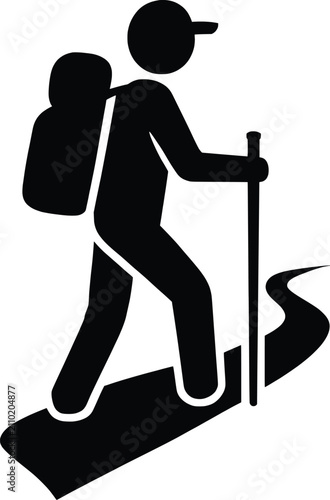 Hiker Icon, Flat Design Vector Illustration of Person Hiking with Backpack and Trekking Pole