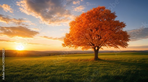 A lone tree with vivid orange autumn foliage stands in a green meadow at sunset, ideal for seasonal travel, nature, wellness, or environmental promotions.