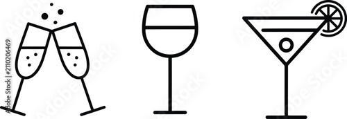 A minimalist black and white line art illustration featuring three different types of alcoholic beverage glasses for celebration and party concepts