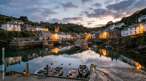 A tranquil harbor village at dusk with moored boats, stone cottages, glowing windows, and calm reflections, suited for travel brochures and coastal getaway ads.