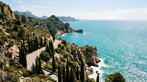 A winding coastal road curves through rocky cliffs above a sparkling turquoise sea, ideal for travel advertising, scenic road trip promotions, or summer tourism campaigns.