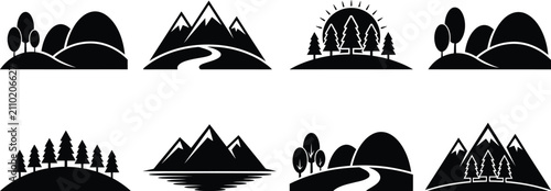 Set of black and white landscape icons featuring mountains forests trees and nature scenes isolated on a white background for design projects
