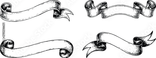 A collection of four vintage style hand drawn ribbon banners isolated on a white background for decorative design and text framing