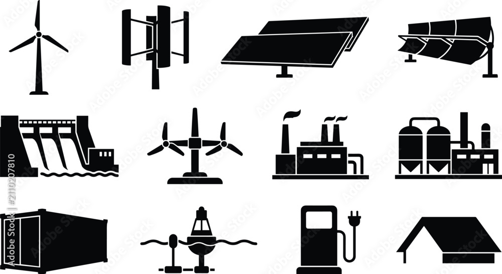 Fototapeta premium Energy Infrastructure Silhouettes Collection Featuring Wind Turbines, Solar Panels, Hydroelectric Dam, Oil Rig, Power Plants, and Charging Station