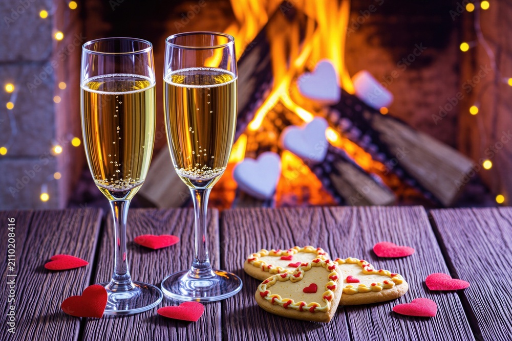 Fototapeta premium Two champagne glasses sit on a wooden table near a fireplace. Heart shaped cookies and red hearts decorate the scene. Warm lights twinkle in background.