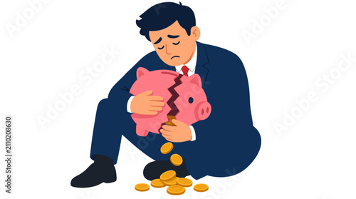Devastated businessman in suit sitting on floor hugging broken pink piggy bank with golden coins spilling everywhere, symbolizing financial crisis, bankruptcy and economic hardship vector illustration